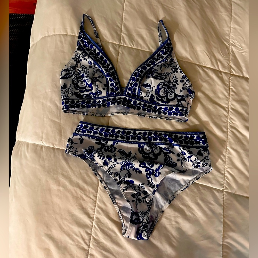 Blue and white floral bikini